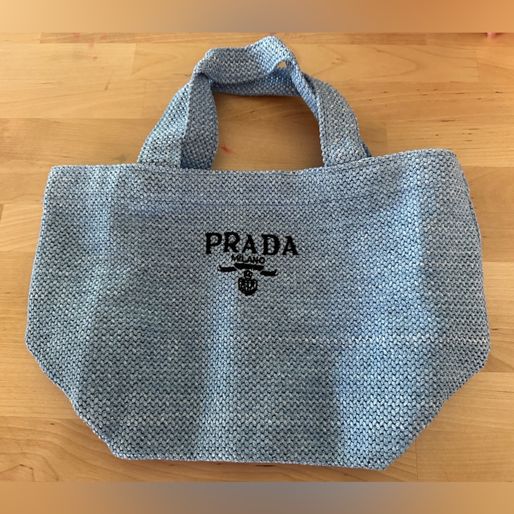 Prada Raffia Blue Gray Small Tote - Picture 5 of 5